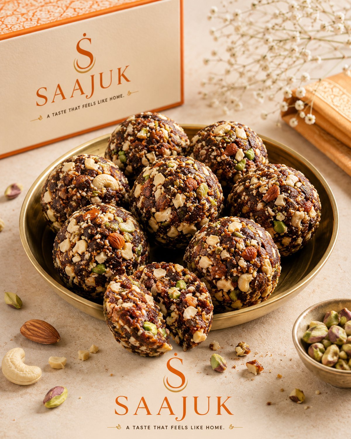 Seven dry fruit ladus packed with visible cashew, almond and pistachio in a brass plate, one broken open, with a SAAJUK gift box behind