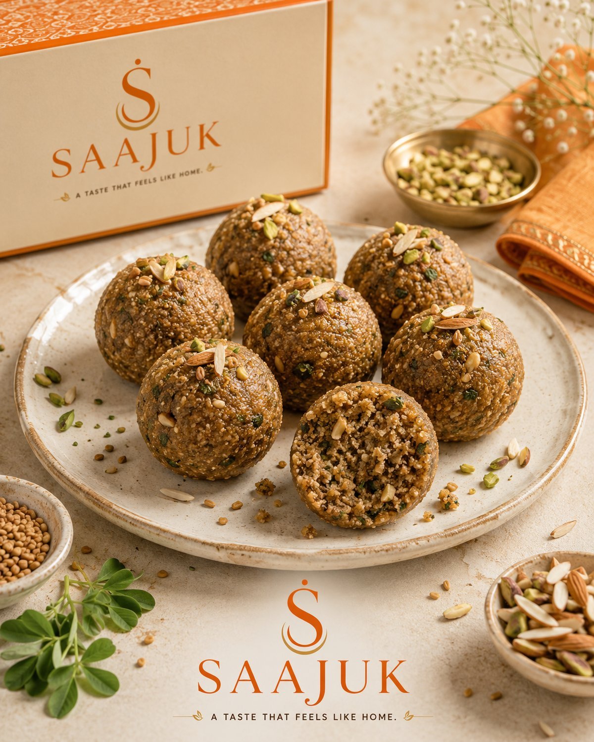 Seven dark methi ladus topped with pistachio on a gold-rimmed plate, one broken open, with a SAAJUK box behind and fresh fenugreek leaves alongside